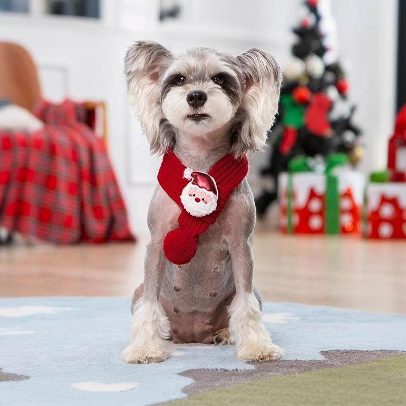 Santa Claus Dog Knitted Scarf Collar Adjustable Christmas Pet Bandana for Small Medium Large Dogs Holiday Gifts