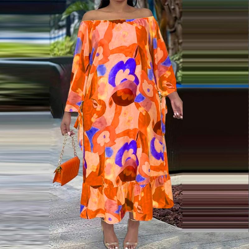 Vestido Estampado de Manga Larga con Hombros Descubiertos para Mujer Talla Grande
