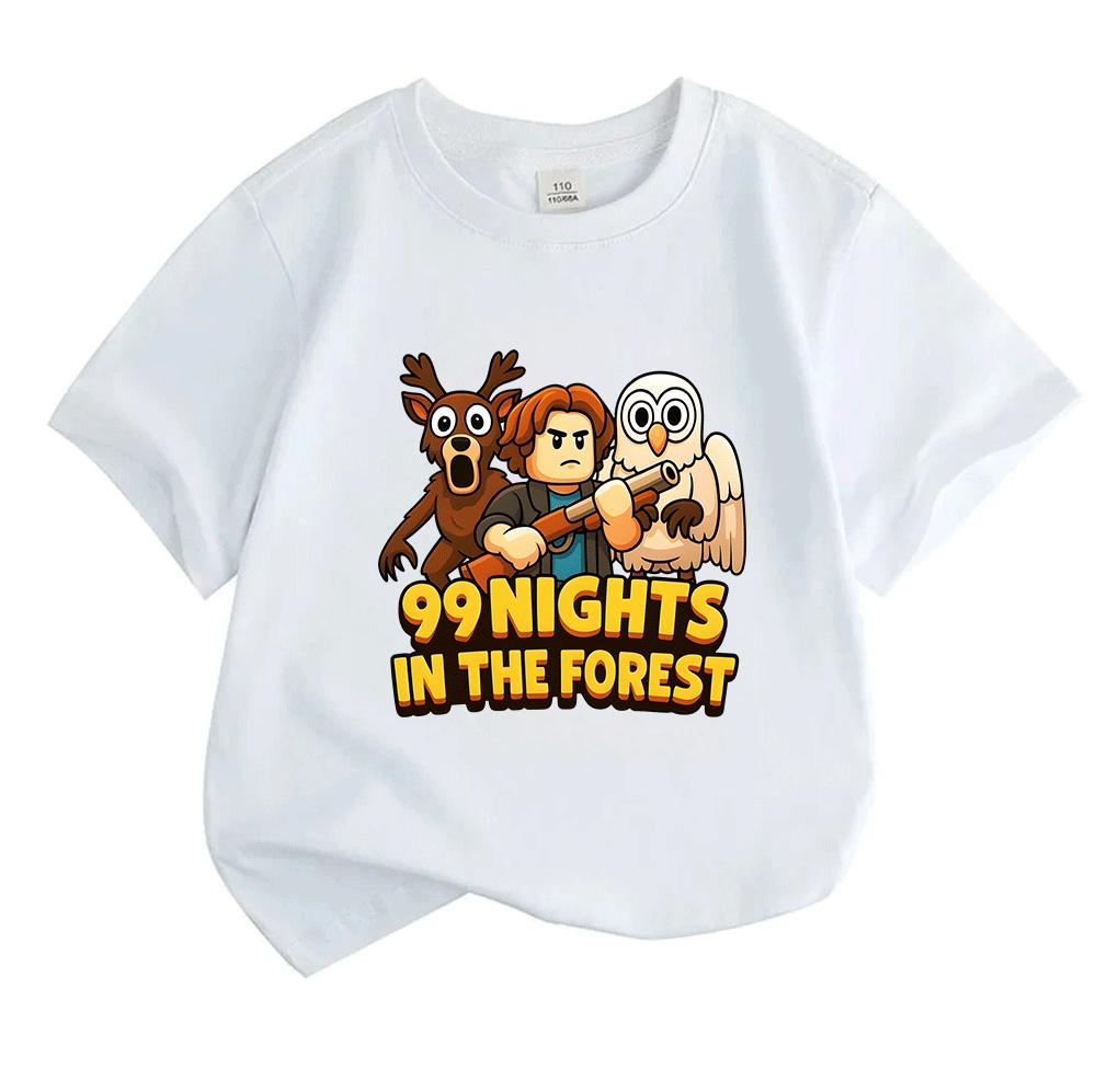 Kids Boys Girls 100% Cotton Crew Neck Short Sleeve T-Shirt, Funny 99 Nights In The Forest Cartoon Print Casual Soft Tee Tops for Children Daily Wear