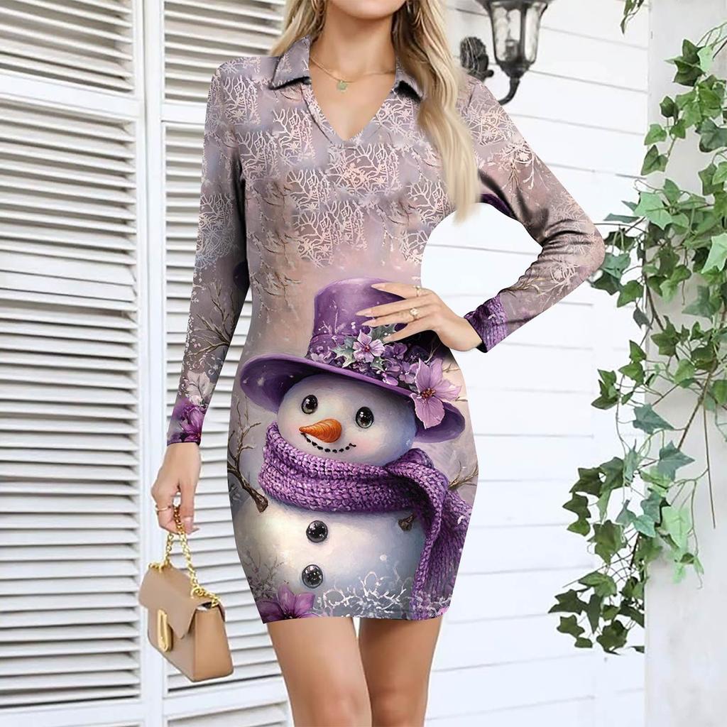Women's V-neck Casual Print Long-sleeved Fitted Dress
