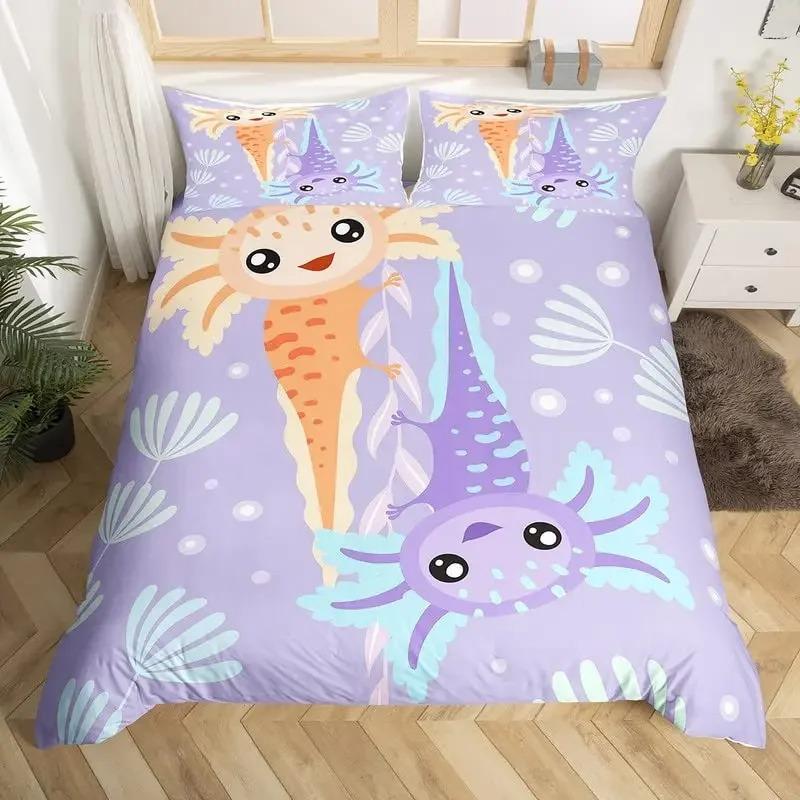 Cartoon Axolotl Duvet Cover Set KingQueen Size Kids Girls Boys Cute Rainbow Sea Wildlife Animal Reptile Polyester Bedding Set