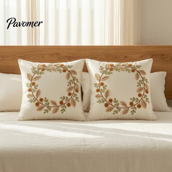Thanksgiving Throw Pillow Covers Autumn Wreath Cushion Cover, Leaf Embroidery Autumnal Bedroom Accent Cover Case for Sofa Couch Farmhouse Home Decor,