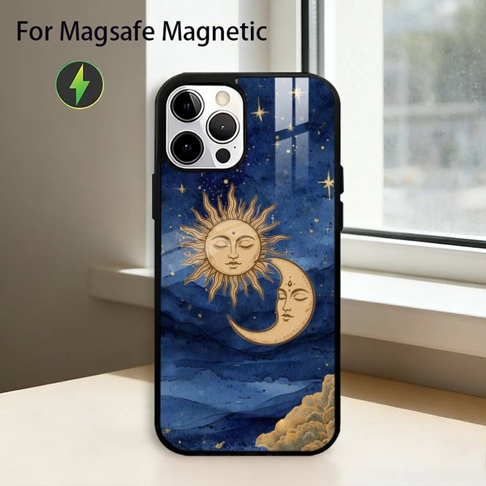 Funny S-Sun Moon Face Phone Case For iPhone17,16,15,14,13,12,11 Plus,Pro Magnetic with Magsafe Wireless Charging