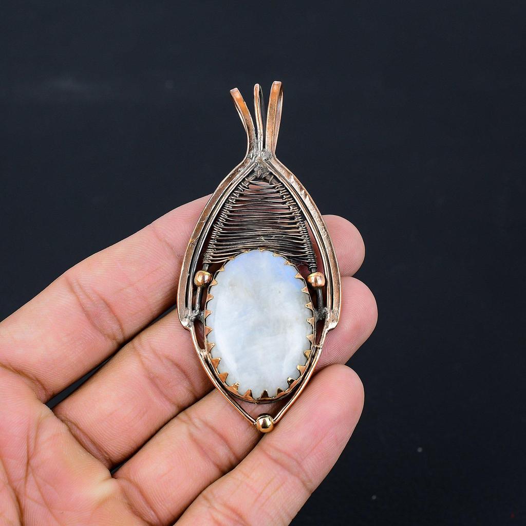 Moonstone Gemstone Pure Copper Wire Wrapped Handmade Pendant Jewelry Gift For Her