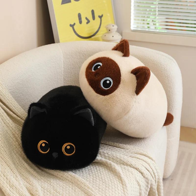 Adorable Round Cat Plush Pillow Soft Fluffy Stuffed Siamese Calico Black Brown Kitty Cushion For Sofa Back Decor
