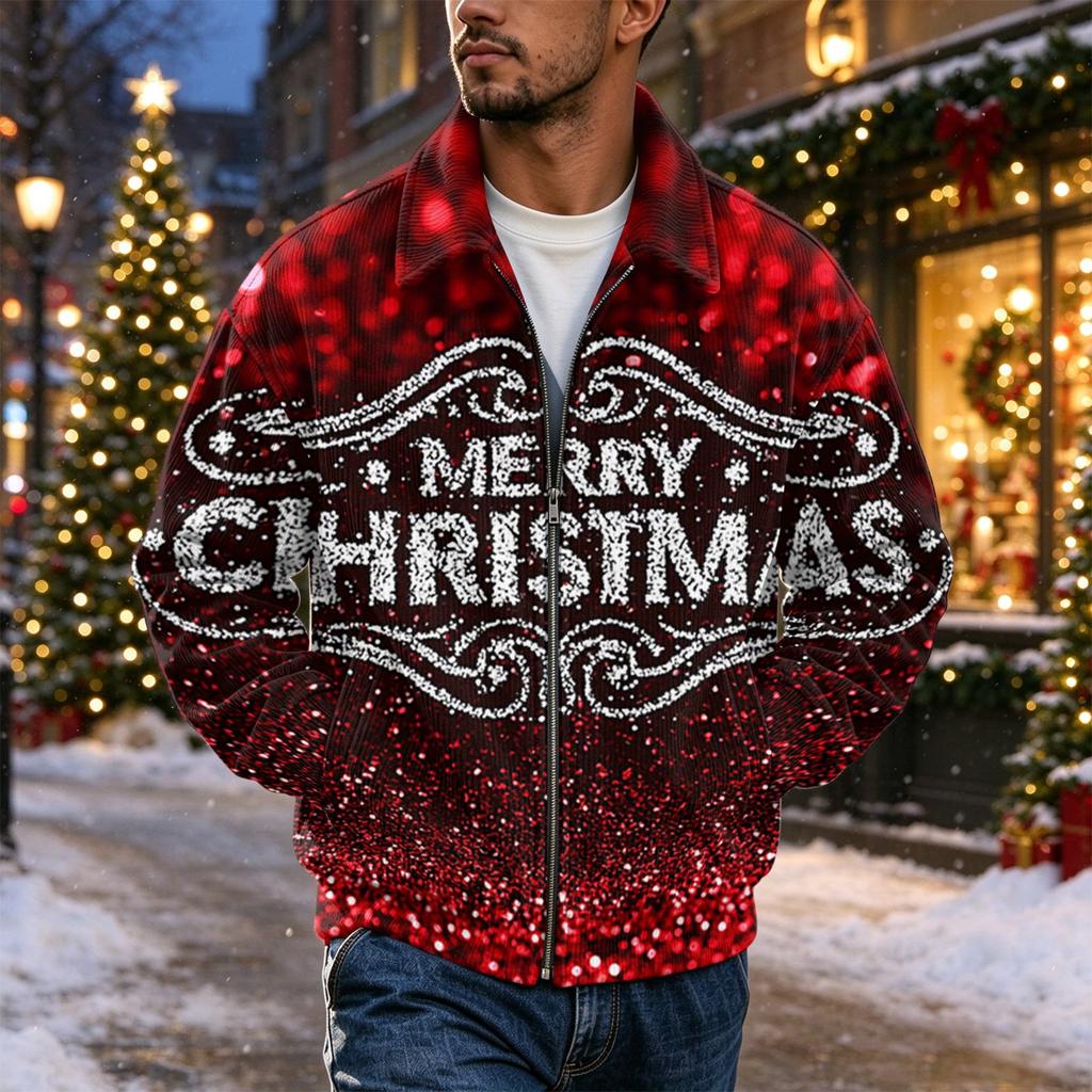 Men's Christmas Print Zip-Up Jacket with Collar, Loose Fit Casual Outerwear for Holiday Parties