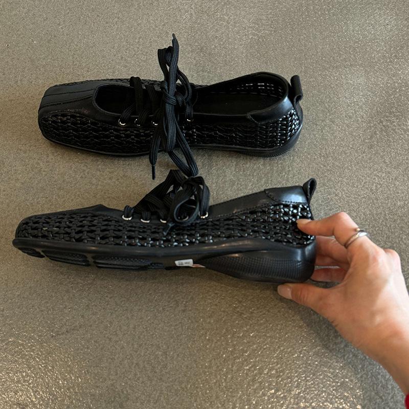 Yueyu - French Versatile Retro Soft-soled Ballet Single Shoes Women's Woven Leather Cross-strap Dexun Shoes Sandals