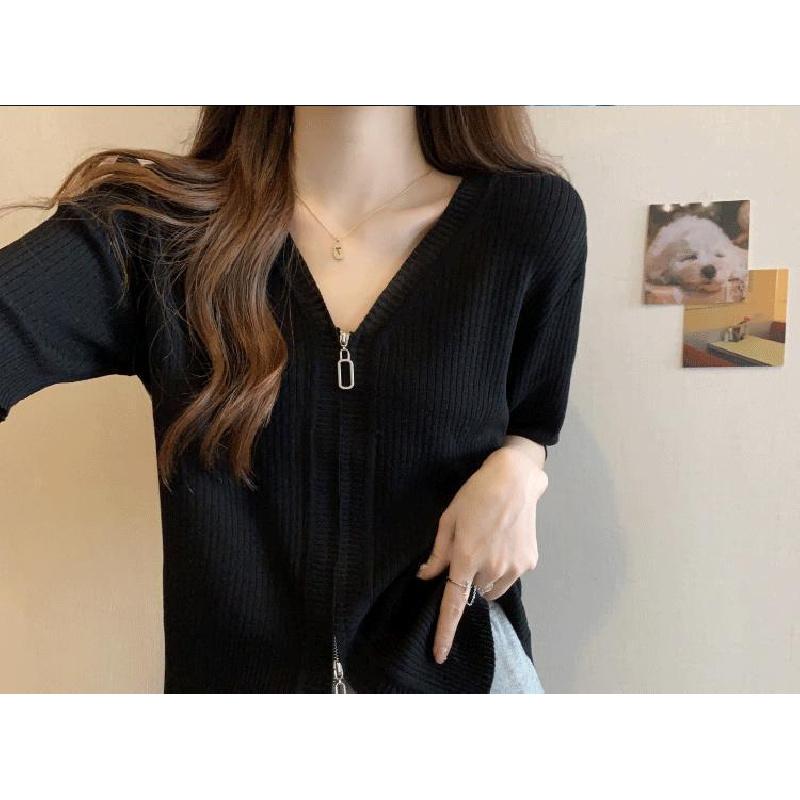 2026 New V-neck Casual Long-sleeve Loose Slimming Flattering Versatile Solid Color Zipper Women's Top