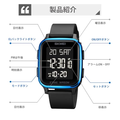 Datirzyx Men's Digital Watch with Soft Band, Waterproof, Stylish Design for Boys, Outdoors, Sports, Work, Multi-Function, Includes Japanese Instructio