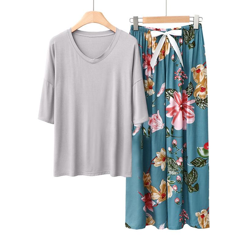 Sommer Damen Pyjama Sets Modal Kurzarm T-Shirts und Weitbein Hosen Heiß Lässig Homewear 2-teiliges Anzug Damen Nachtwäsche