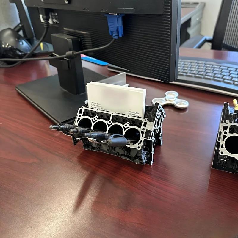 Engine Block Desk Organizer - Business Card & Pen Holder, Perfect Gift For Car Enthusiasts, Lightweight Resin Construction
