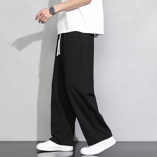 Men Cargo Pants Drawstring Elastic Waist Solid Color Thin Pockets Loose Straight Wide Leg Sport Trousers Daily Wear Casual Pants