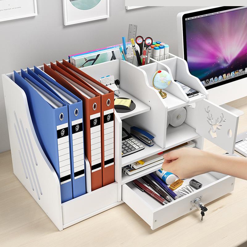 

Office Desktop File Organizer Multi-Layer Document Holder A4 Paper Storage Rack with Lockable Drawer Deer Design