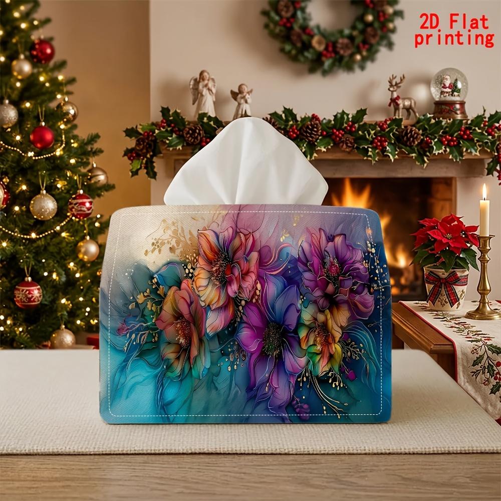 2D Flat 1pc, Tissue Box. Colorful Floral Pattern Napkin Dispenser, Reusable, Daily Desktop Tissue Organizer, Suitable for Kitchen Living Room Bedroom