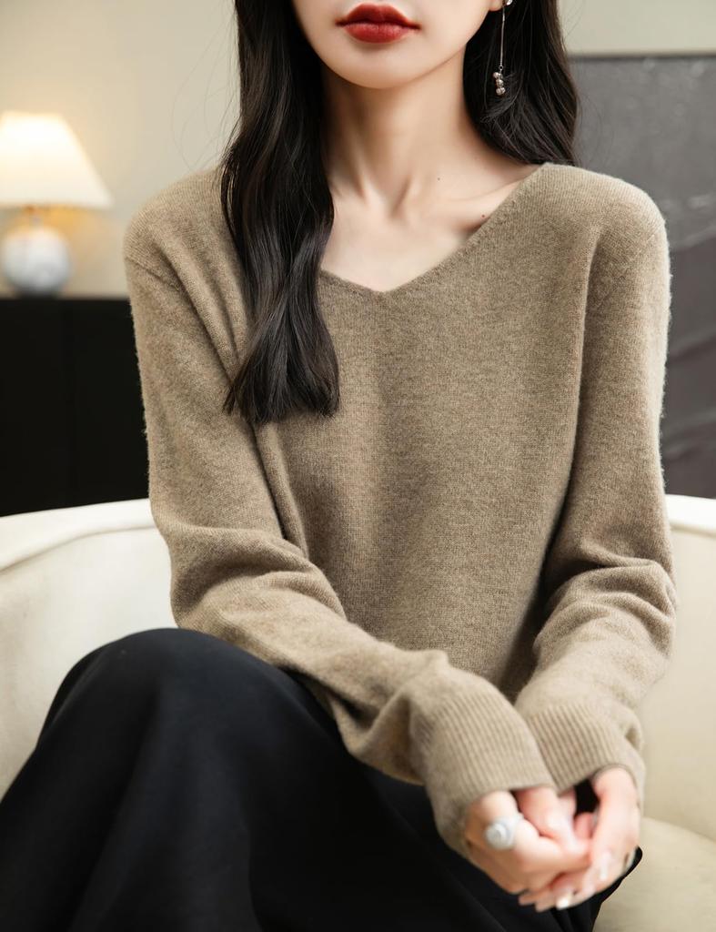 Yokbeer Pull Col V Femme 100% Laine Mérinos Première Couche Long sans Couture Taille 100%, Ligne, Prêt-à-porter, Chaud, Manches, Aspect Cachemire, Automne/Hiver