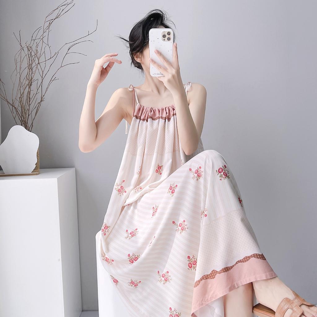 Cotton silk summer bohemian print suspender dress women's ethnic style retro loose medium and long vacation dress