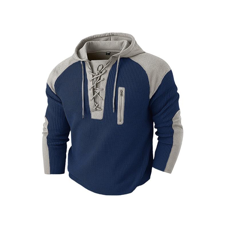 

Men Color Block Waffle Knit Hoodie with Lace-Up Neck and Zipper Pocket Casual Streetwear Sweatshirt S темно-синього кольору
