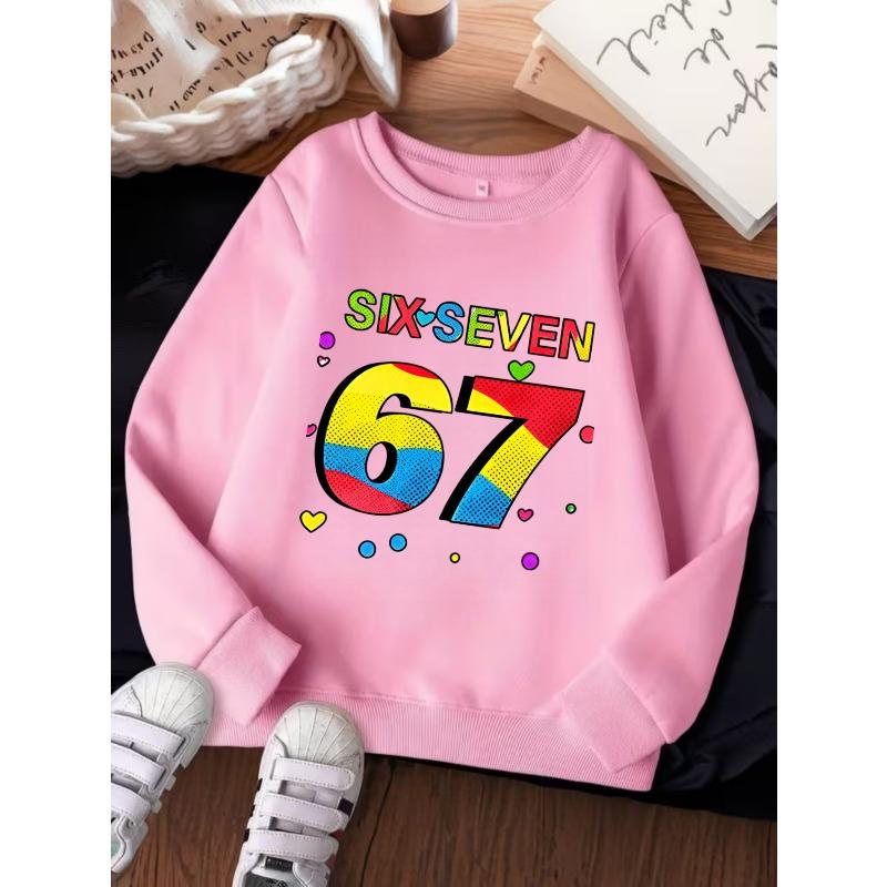 Unisex Kids Red Crewneck Sweatshirt For 4-12 Boys Girls Colorful SIX SEVEN Number 67 Heart Dot Print Soft Fleece Long Sleeve Pullover