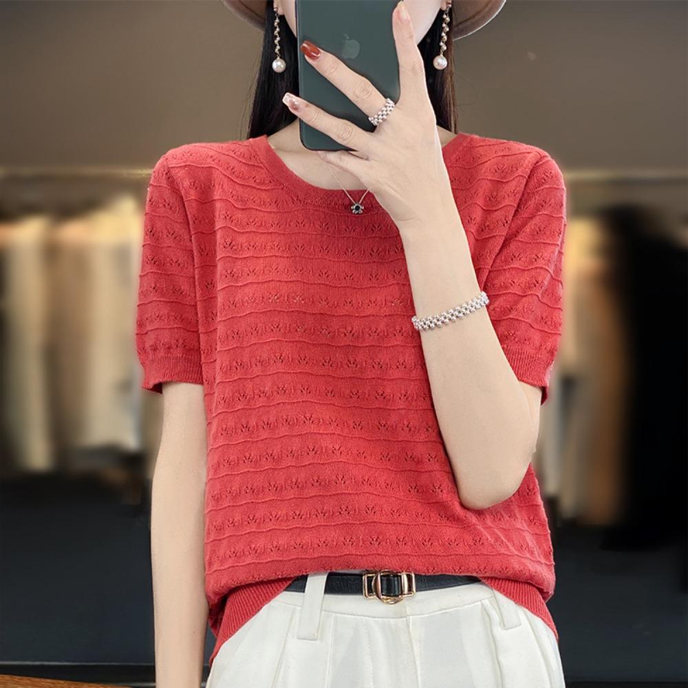 2026 Summer New Short-sleeved Women's Thin Hollow Loose Large Size T-shirt Round Neck Solid Half-sleeved Top