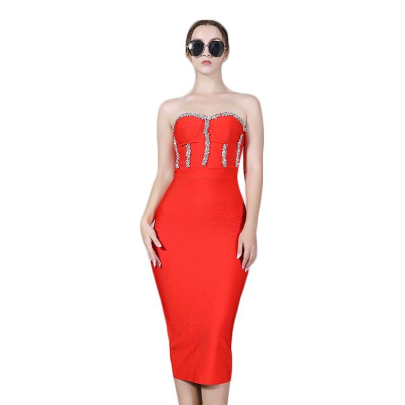 Summer new tube top sexy flash diamond decoration hip wrap thin slim bandage medium dress dress