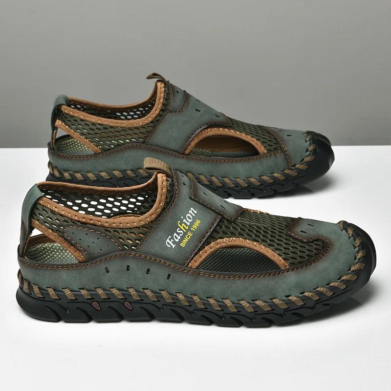 Fashion Men Genuine Leather Shoes Men's Sandals Durable Handmade Stitching Close Toe Non Slip Shoes For Indoor Outdoor Beach 2025