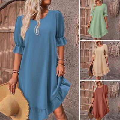 Büyük Beden Kadın Elbisesi Orta Kollu Düz Renk Bol A Kesim Büyük Salıncak Fırfırlı Patchwork O Yaka Kazak Diz Üstü