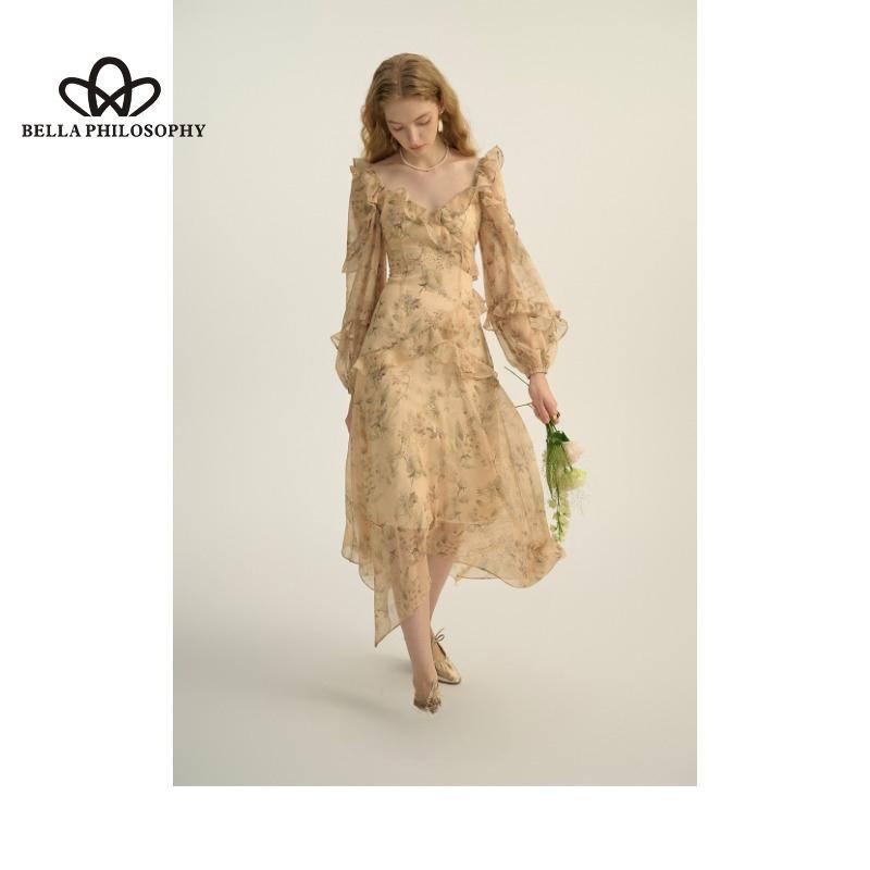 French Style Retro Elegant Floral Dress Fairy Long Dress Chiffon Dress Long Sleeve Seaside Holiday Long Sleeve Irregular Hem Dress