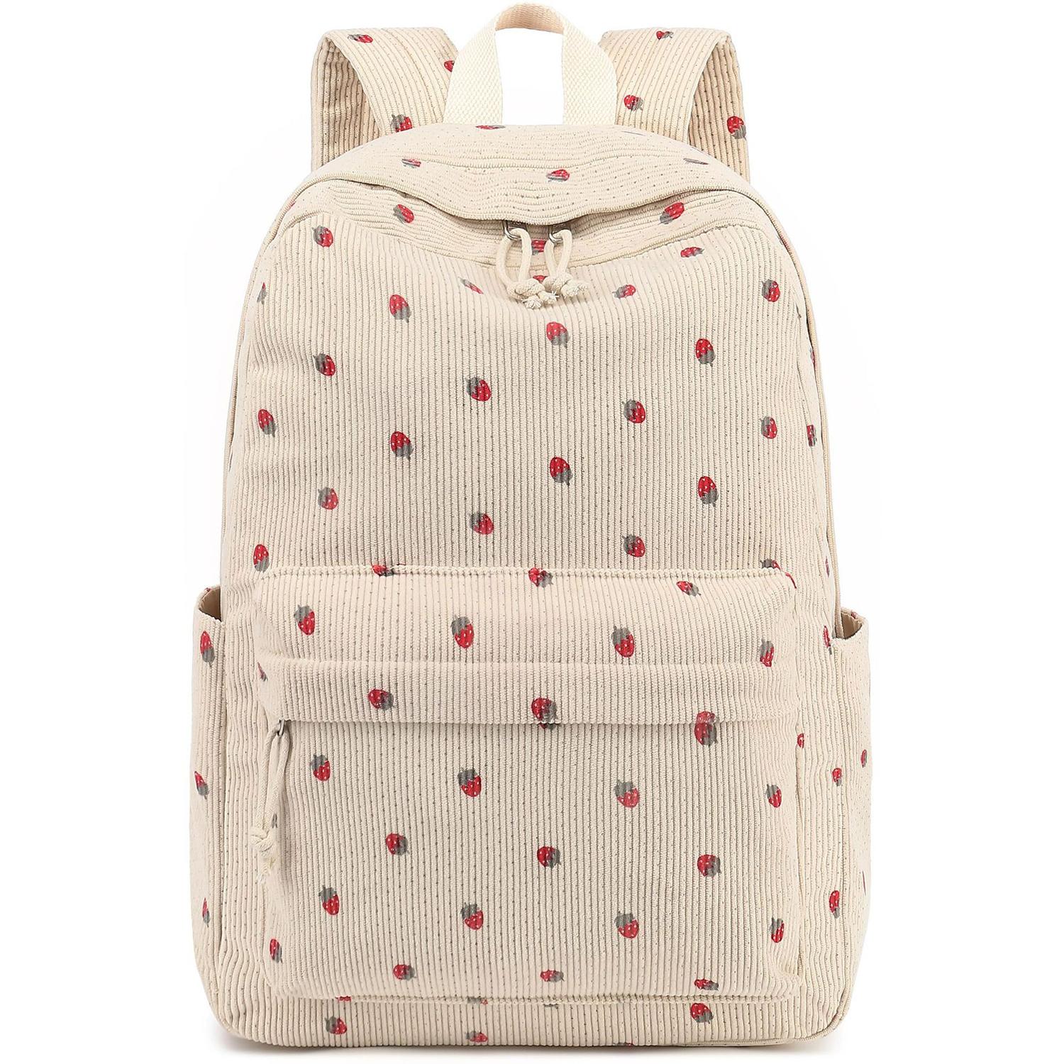 

Милый вельветовый рюкзак для девочек – большая вместимость 25-35 л, сумка для школы, путешествий и ноутбука с принтом клубники, водонепроницаемый и прочный 45.5*30*15cm бежевый