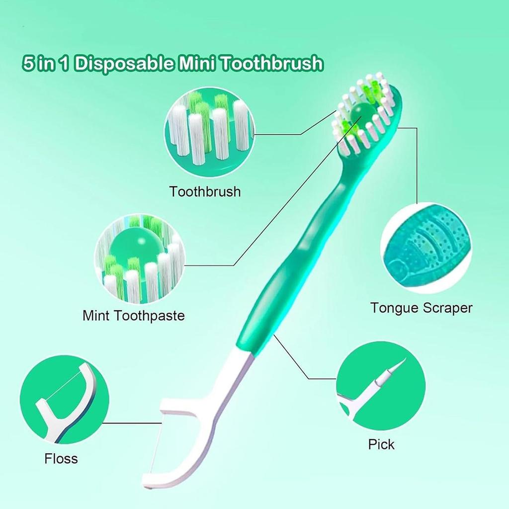 26pcs 5-in-1 Pre-Pasted Travel Toothbrush Disposable Toothbrush with Toothpaste Floss Toothpick Tongue Scraper for Adults & Kids