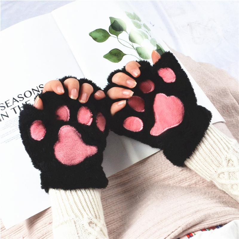 Women Bear Plush Cat Paw Claw Gloves Winter Faux Fur Cute Kitten Fingerless Mittens Gloves Christmas Halloween For Womens Girls