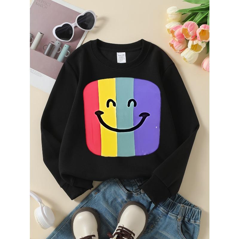 European sizes Kids' Crewneck Sweatshirt Colorful Striped Smile Face Pattern , Sportswear And Casual Wear, Soft And Comfortable, Children's Clothing