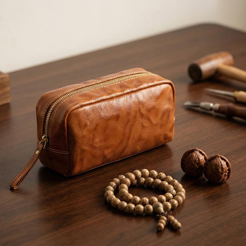 Multi-Purpose Genuine Leather Travel Organizer Pouch, Large Capacity Leather Pen Case, Cosmetics, Small Tools & Daily Essentials