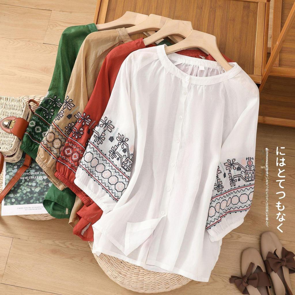 41 Retro Embroidered Lantern Sleeve Top - Women's Cotton & Linen Summer Shirt