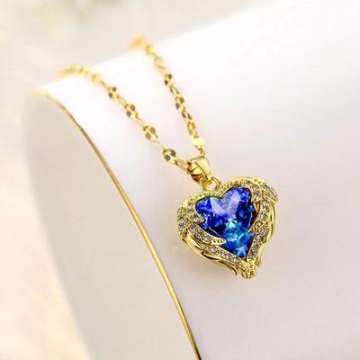 Colar com pingente de coração de cristal colorido luxuoso para mulheres, corrente de pescoço de aço inoxidável da moda coreana, joias femininas para casamento