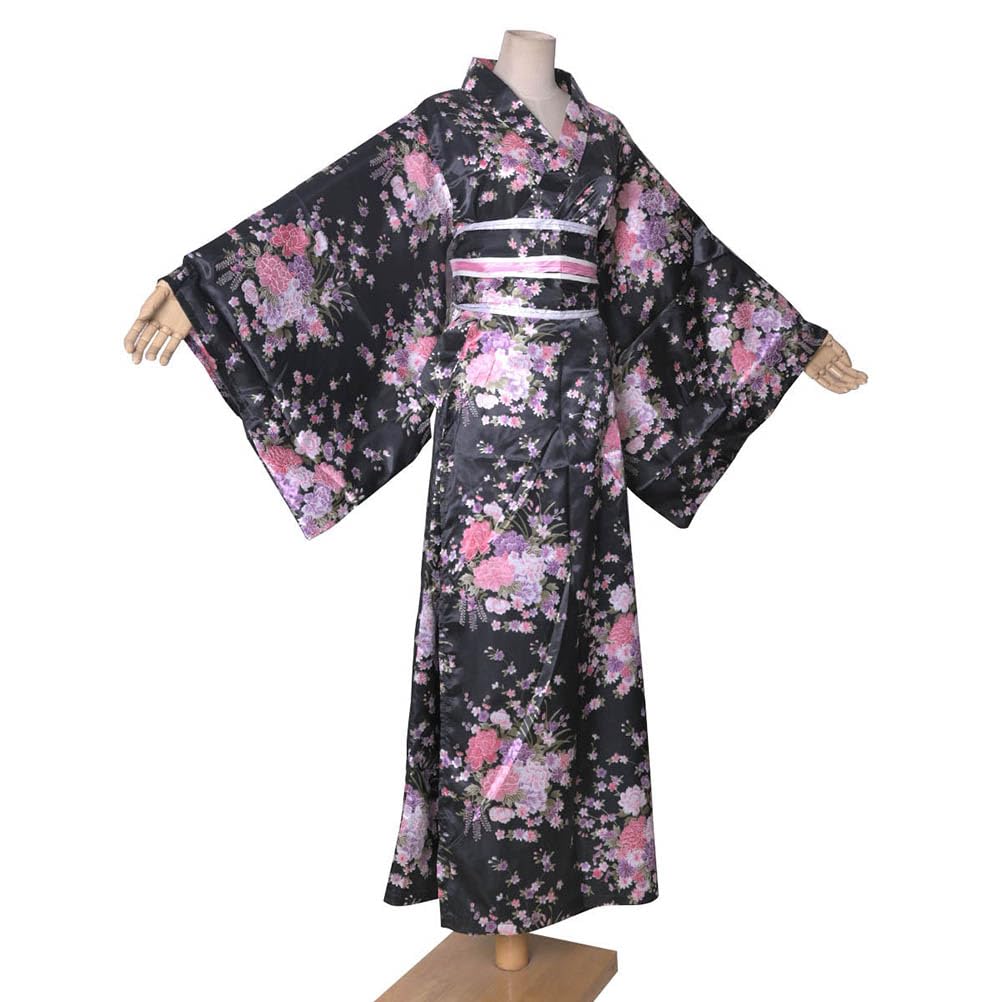 Long Kimono Japanese Style Floral Satin Yukata with Perfect for Fireworks Everyday Summer Kimono Women's Dress, Obi, Festivals, Wear, (KL02-Black)