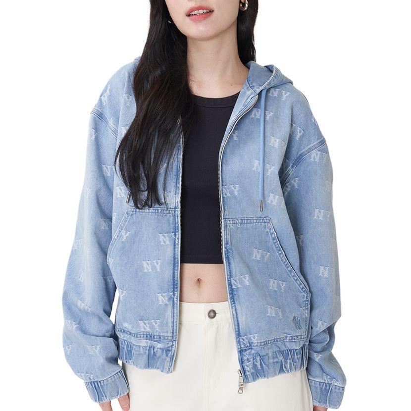 MLB Monogram New York Yankees Full Print Fashion Simple Loose Hooded Denim Jacket Unisex Jacket Light-Blue 3ADKM0251-50BLL