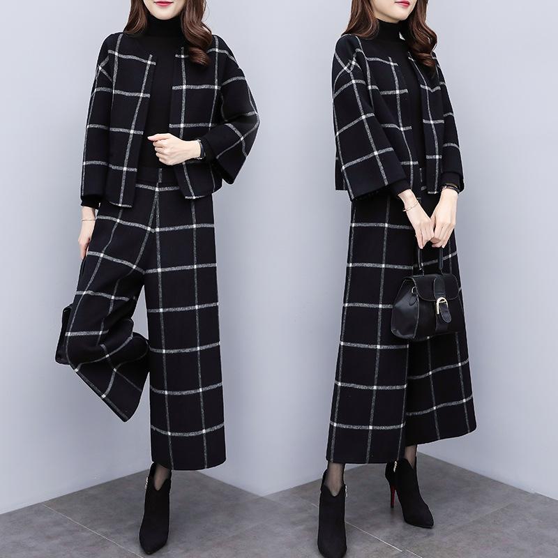 2025 New Women's Autumn and Winter Two-piece Trousers Plaid Woolen Short Coat Wide-leg Pants Casual Fashion Suit Female Trend