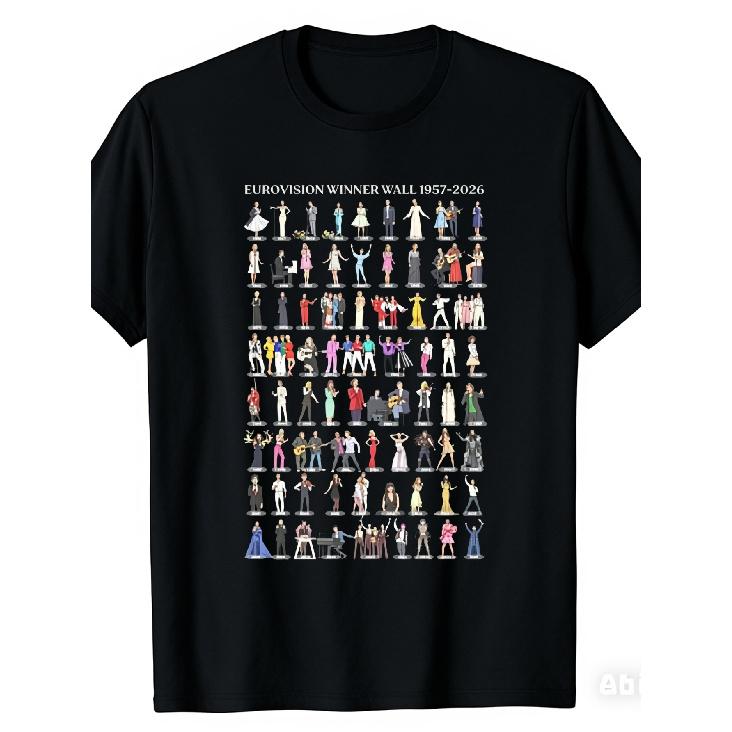 2026 Eurovision Song Contest Fan Support Gifts Fun Eurovision Winner Wall 1957 2026 T Shirt Black Graphic Print with Iconic Performers And Text for S чёрный