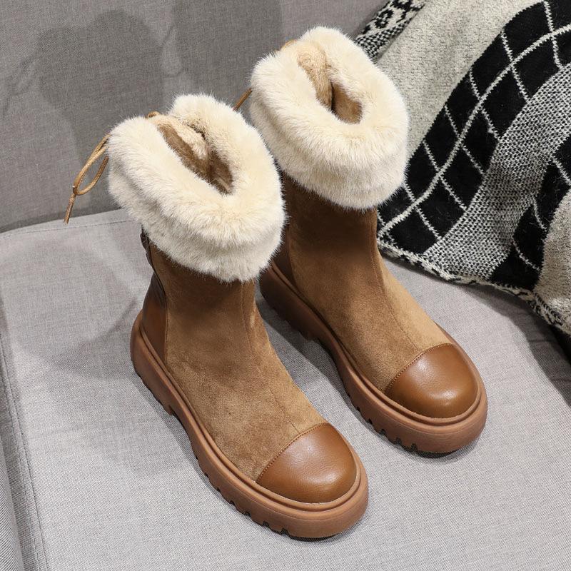 

Thick-soled snow boots women s winter fur integrated Martin boots new medium tube thickened winter velvet cotton shoes 35 верблюд