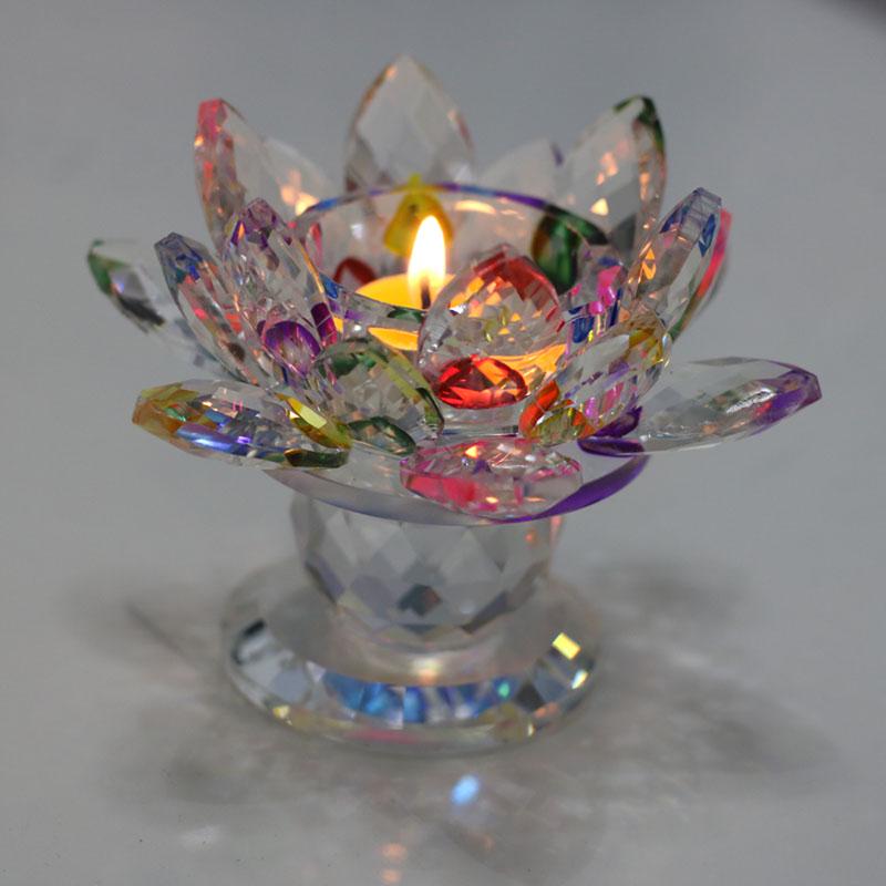 Seven-Color Lotus Crystal Glass Candle Holder for Buddhist Offering Table