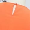 VONDA Summer Women Round Neck Sleeveless Solid Color Holiday Beach Long Pleated Dress