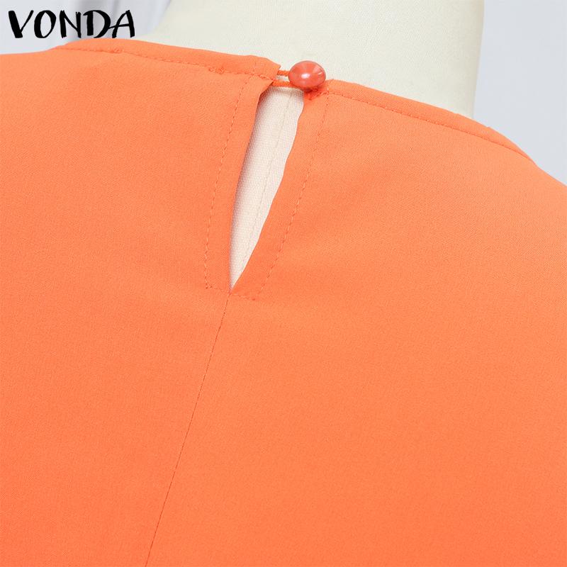VONDA Summer Women Round Neck Sleeveless Solid Color Holiday Beach Long Pleated Dress