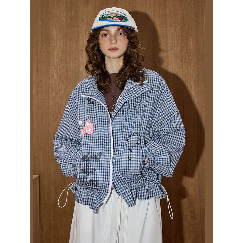 Coolhut Spring and Autumn Blue Plaid Waist-Cinching Jacket for Women with Drawstring Lettering Casual Short Versatile Jacket Top