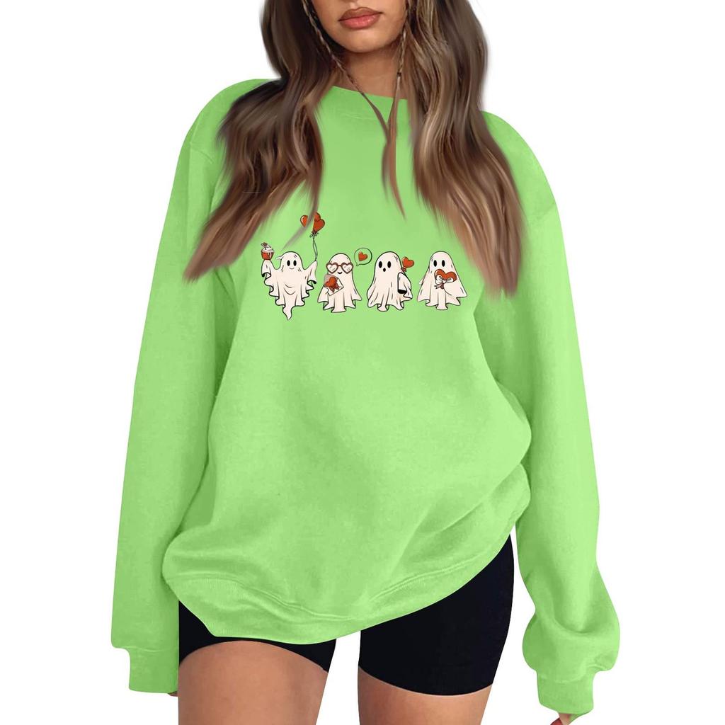 Women's Color Neck Long Sleeve Loose Fit Sweatshirt with Halloween Print