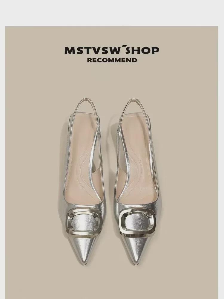 Damen Sandalen im französischen Stil mit niedrigem Absatz, atmungsaktiv, Stiletto, mit Schnallenriemen