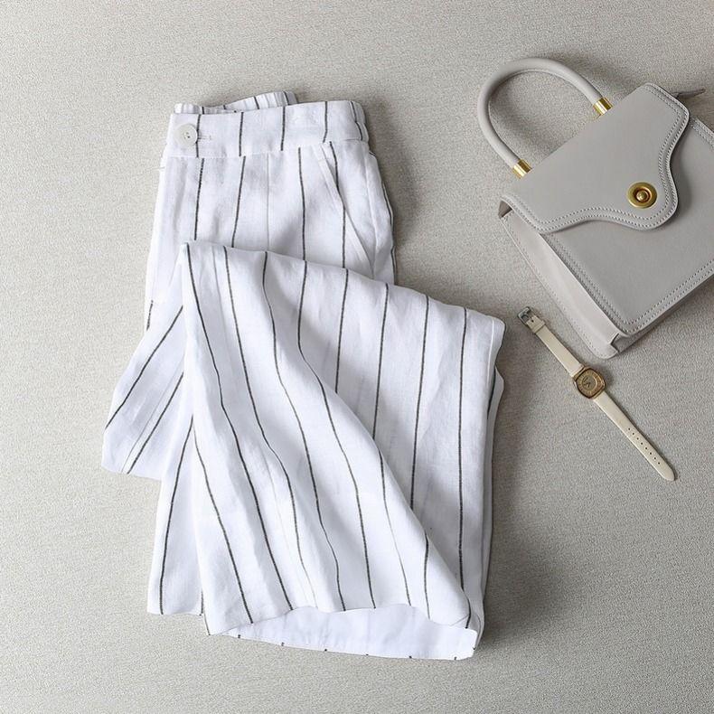 Dámské letní kalhoty Bavlněný Lněný Pás Široké kalhoty pro ženy v pouličním stylu