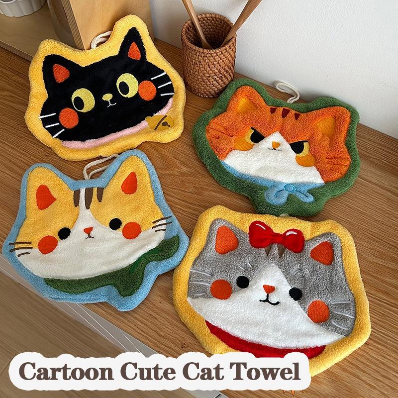 Cartoon Kawaii Kitten Hand Towel Super Absorbent Washing Hand Cloth Kitchen Bathroom Wall Hanging Towels Soft Handkerchief Rag
