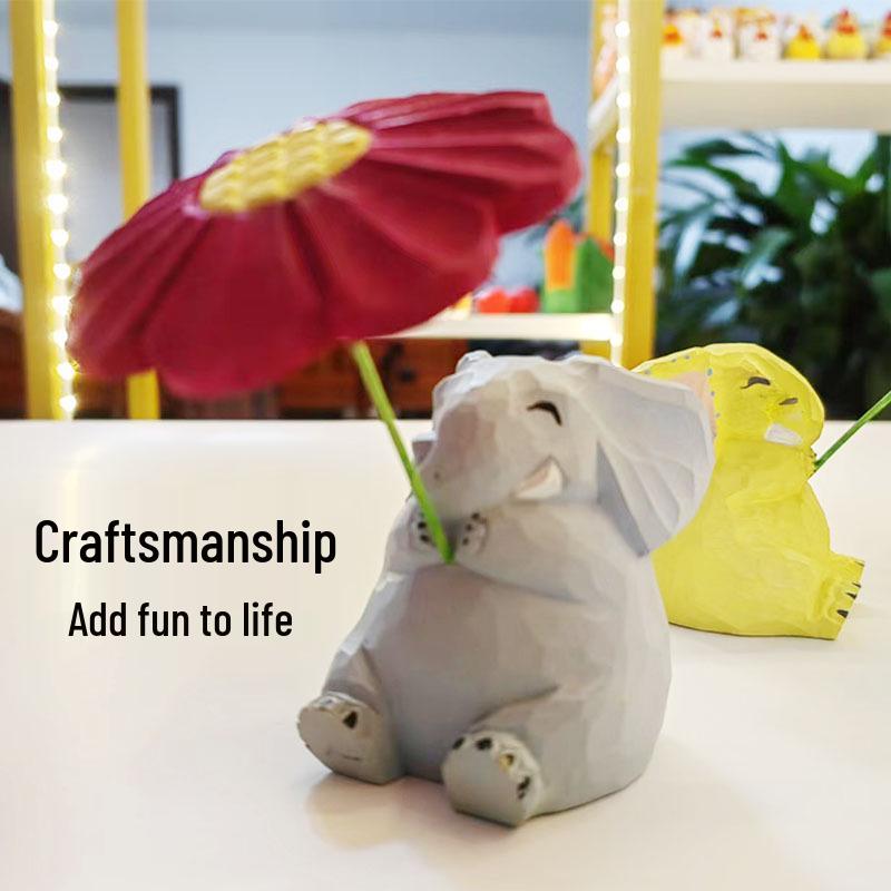 Handmade Solid Wood Animal Figurines: Kitten, Chick, Elephant, Snowman