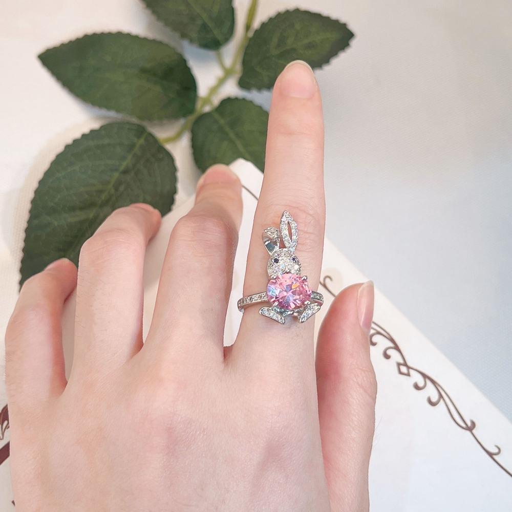 Women Jewelry Set Cute Rabbit Earrings Pink Diamond Pendant Open Ring Set Fashion Elegant Gift