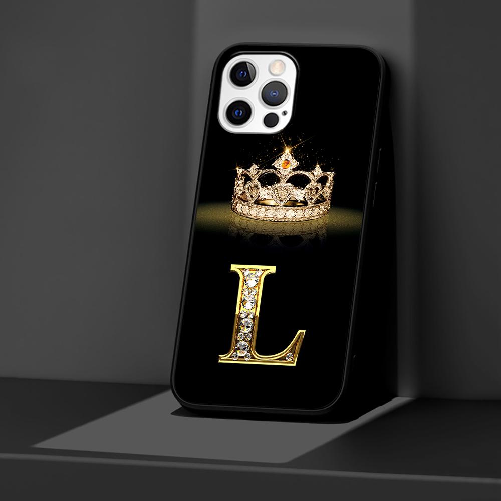 Hülle für Apple iPhone 14 11 13 12 Pro Max XR 7 8 + SE 2020 XS 6 6s Plus 5 5s Schwarze Silikon Handyhülle Diamant Krone Buchstabe